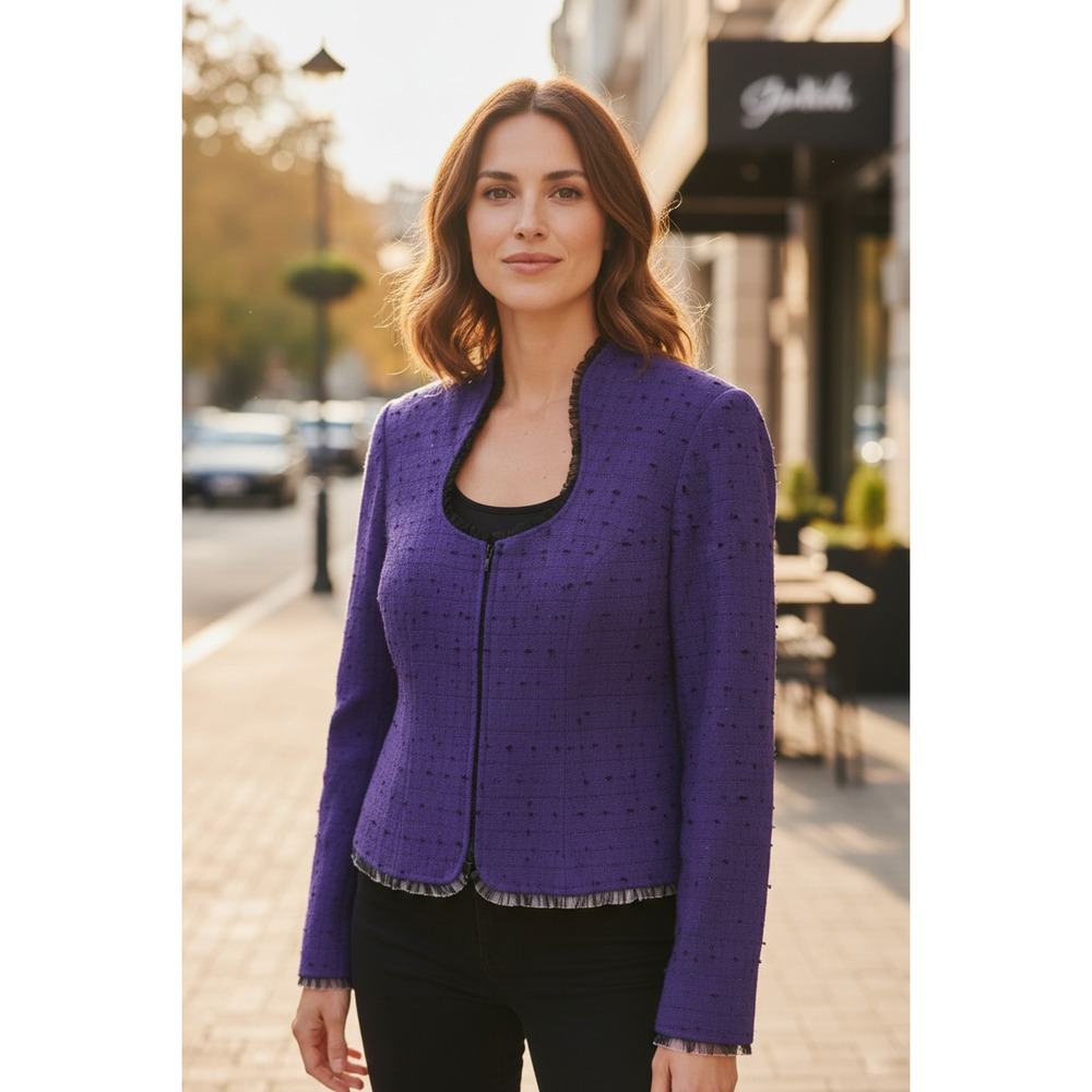 4594)Joseph Ribkoff Purple Tweed Black Trim Zip Up Career Business Jacket Size 4